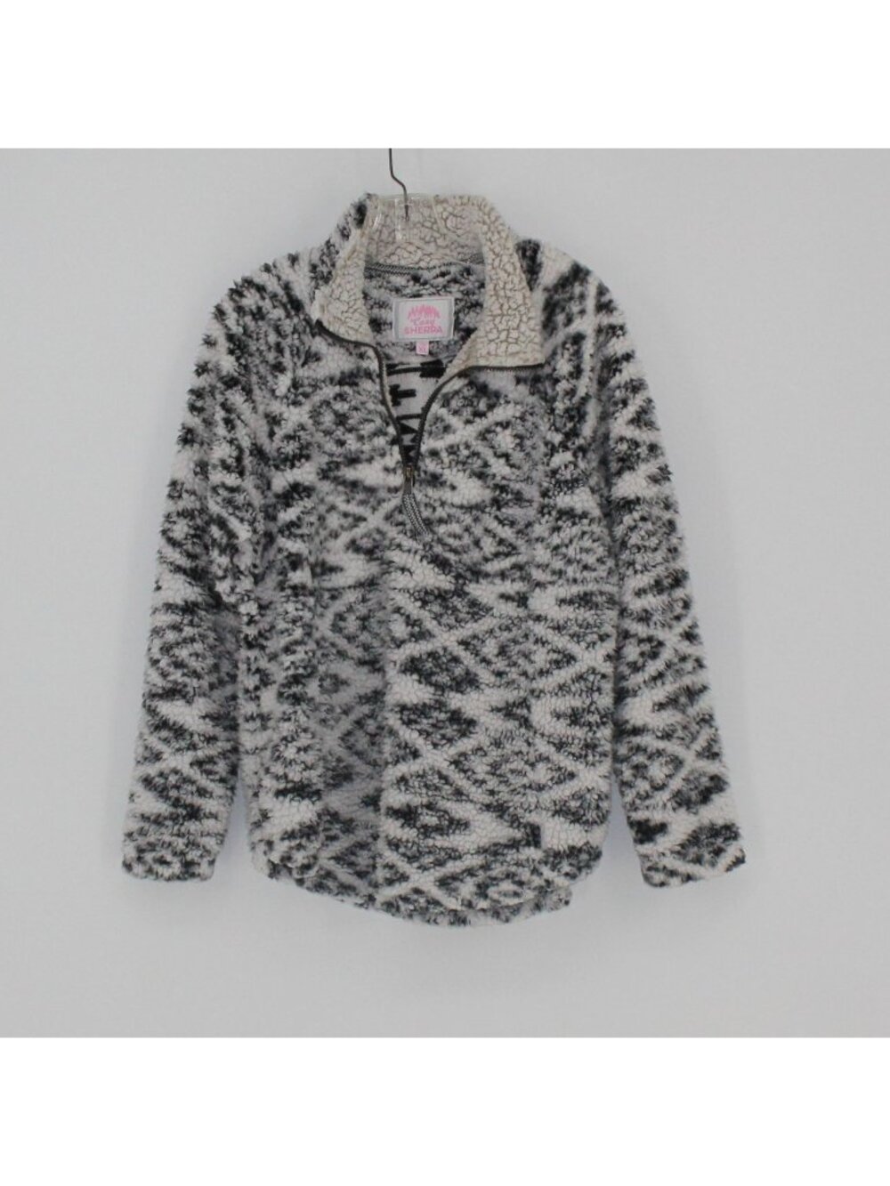 Cozy Sherpa Ladies Grey Ikat Faux Fur Pullover Shirt Jacket Women Size XL